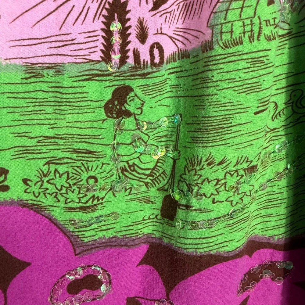 Vtg Y2K Bisou Bisou Michele Bohbot Sequin Landscape Print Skirt Pink 12 Tropical